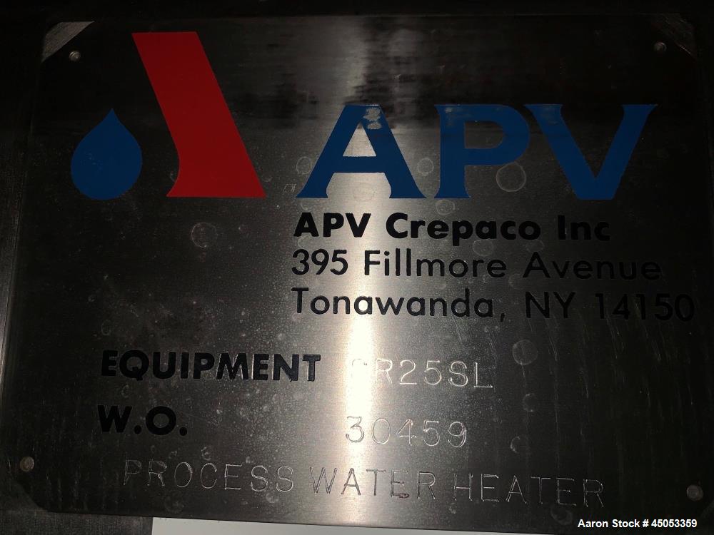 Unused- APV Crepaco Stainless Steel Plate Heat Exchanger, Model SR25SL. (24) 316 Stainless Steel plates with (EPDM) gaskets. Maximum operating pressure 150 psi. W.O# 30459, Built 1995.