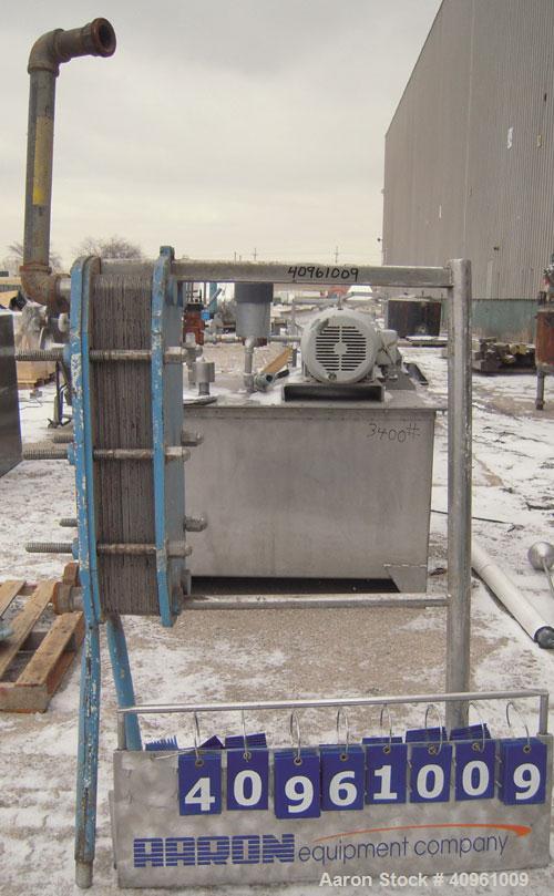 Used APV Plate Heat Exchanger, Type HXL(6), 317 stainless steel. Approximately 61 square feet. (31) approximate 8" wide x 32" long plates. 2" inlet/outlet. Expandable stainless steel frame.