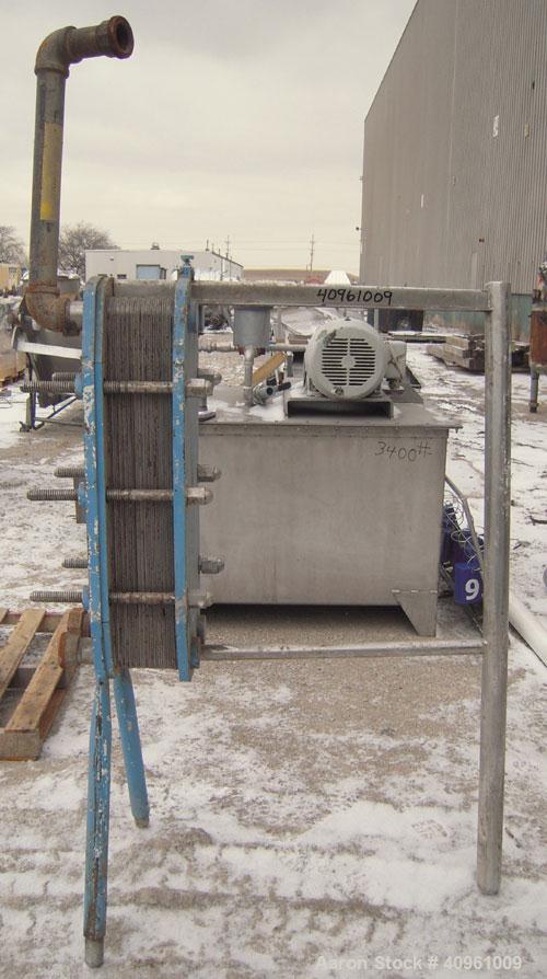 Used APV Plate Heat Exchanger, Type HXL(6), 317 stainless steel. Approximately 61 square feet. (31) approximate 8" wide x 32" long plates. 2" inlet/outlet. Expandable stainless steel frame.