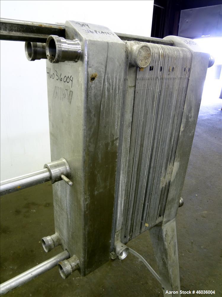 Used APV Paraflow Plate Heat Exchangers, Type HX, Approximte 130 square feet. (66) 32" Long x 9" wide 316 stainless steel plates. (8) 2" Diameter inlets/outlets, (1) divider. Serial# M/C 3551. No pre...