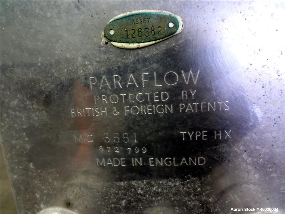 Used APV Paraflow Plate Heat Exchangers, Type HX, Approximte 130 square feet. (66) 32" Long x 9" wide 316 stainless steel plates. (8) 2" Diameter inlets/outlets, (1) divider. Serial# M/C 3551. No pre...