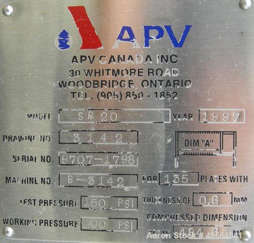 Used APV Plate Heat Exchanger, Model SR20, 304 stainless steel. Approximately 215 square feet. (129) approximate 12" wide x 32" long plates, rated 100 psi.  2 1/2" tri-clamp inlet/outlet. Expandable ...