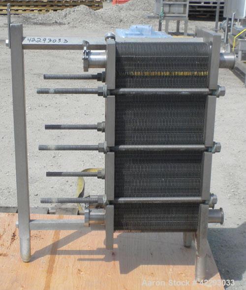 Used APV Plate Heat Exchanger, 183.2 square feet, model SR25S. (121) 32" long x 32" wide, 316 stainless steel plates. Designed for 150 PSI. 2-1/2" Sanitary inlet/outlet. Mounted on an expandable fram...