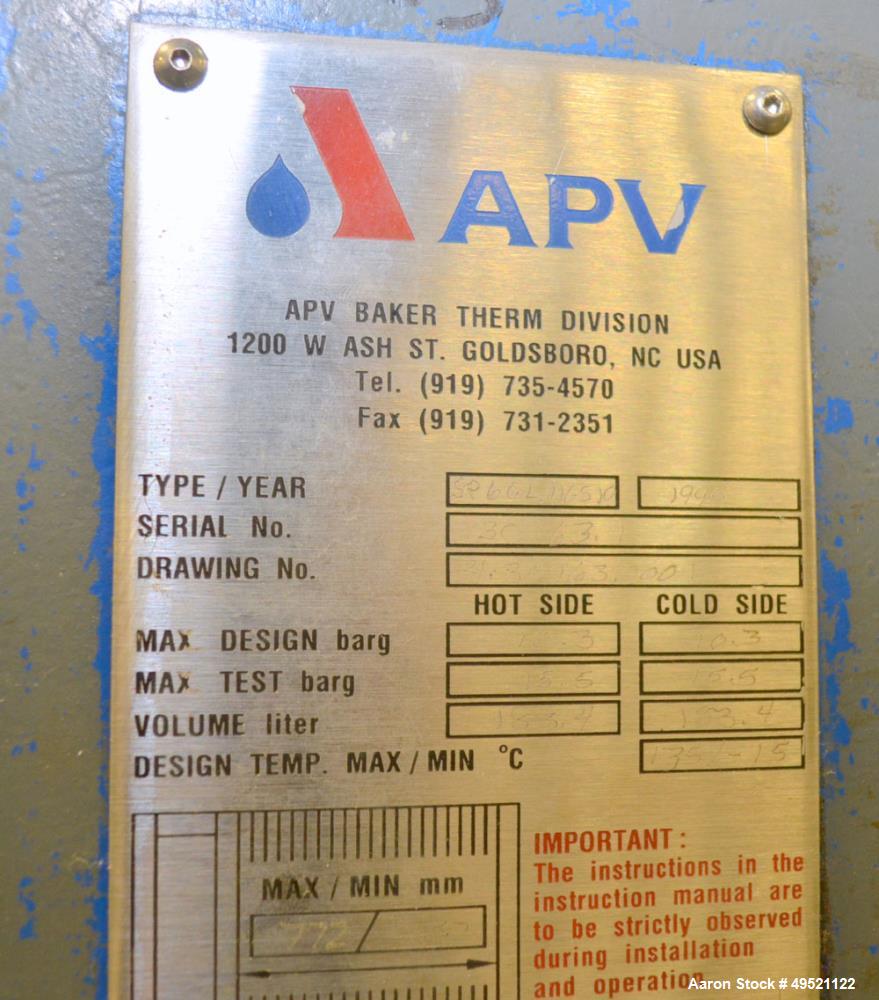 Used APV Plate Heat Exchanger, Model SR6GL, Serial# 30963.1. National Board # 242. Approximately (41) 772/757 mm plates. Rated 150 PSI @ 275 F and -20 F @ 150 PSI. Stainless Steel Construction. Built...