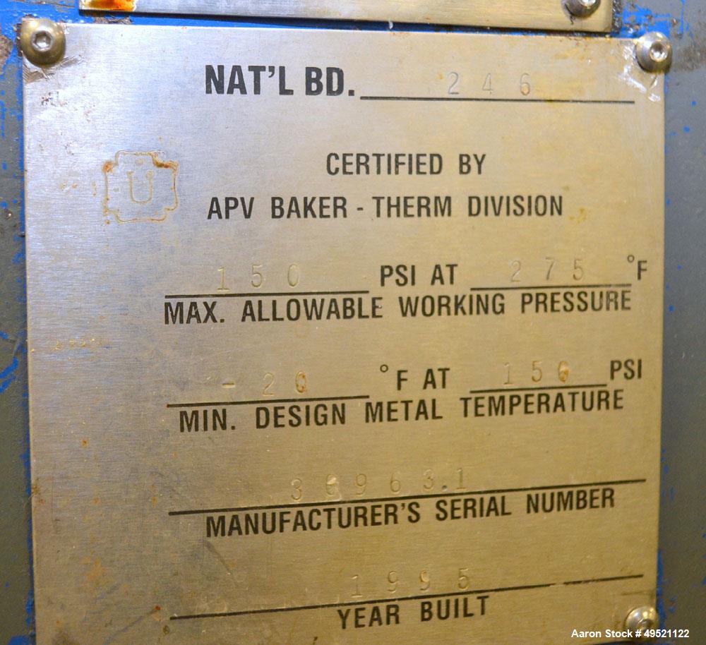 Used APV Plate Heat Exchanger, Model SR6GL, Serial# 30963.1. National Board # 242. Approximately (41) 772/757 mm plates. Rated 150 PSI @ 275 F and -20 F @ 150 PSI. Stainless Steel Construction. Built...