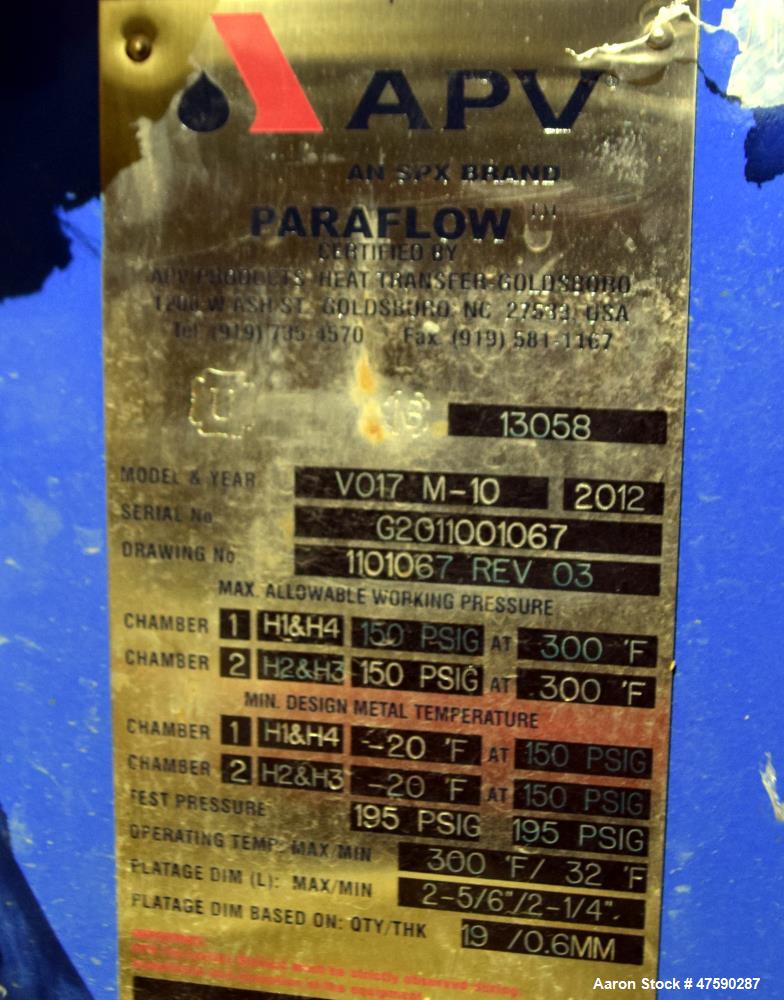 Unused- APV Paraflow Gasketed Plate Heat Exchanger, 31.9 Square Feet, Model V017 M-10. (19) Titanium plates. Rated 150 psi at -20 to 300 degrees F. National Board# 13058, serial# G2011001067, built 2...