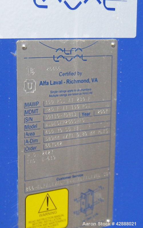 Unused- Alfa Laval Plate Exchanger, 450.70 Square Feet, Model Widegap 200S-FG. (71) Approximately 24’’ wide x 62’’ tall x (0.80) mm thick 316 stainless steel plates. Designed 150 psi at –20 to 230 de...