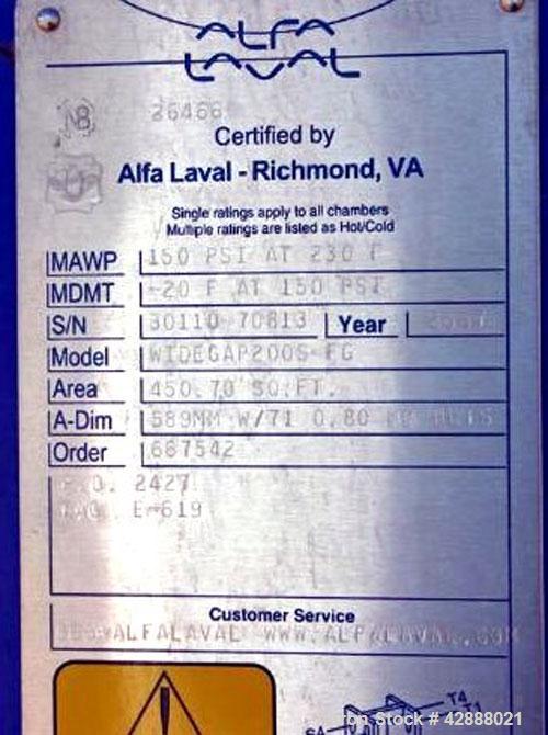 Unused- Alfa Laval Plate Exchanger, 450.70 Square Feet, Model Widegap 200S-FG. (71) Approximately 24’’ wide x 62’’ tall x (0.80) mm thick 316 stainless steel plates. Designed 150 psi at –20 to 230 de...