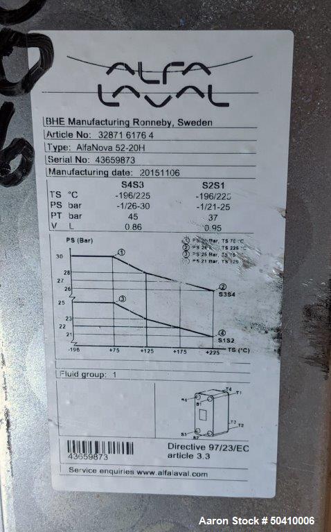 Unused- Alfa Laval Alfa Nova Fusion-Bonded Plate Heat Exchanger, Model 52-20H