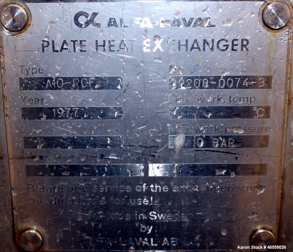 Used Alfa Laval Plate Heat Exchanger, Model A10RCF, 304 Stainless Steel.