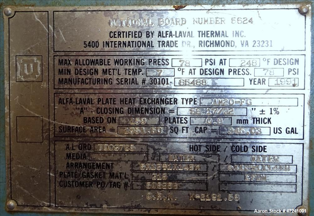 Used Alfa Laval Plate Type Heat Exchanger, Model AM20-FG, Surface Area 1,351.50