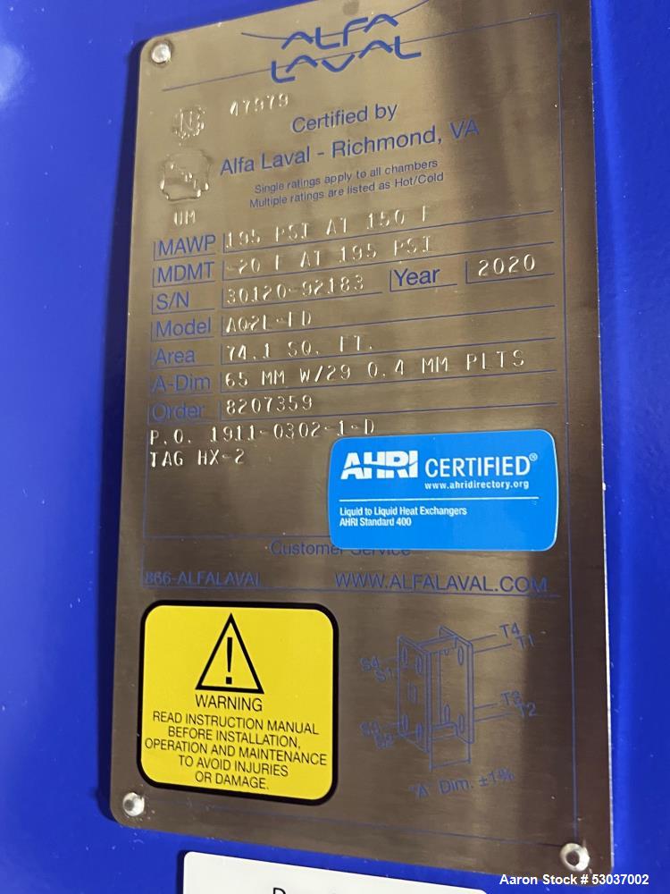 Used- Alfa Laval Plate Heat Exchanger, Model AQ2L-FD, 74.1 Square Feet, Vertical. (29) Stainless steel 0.4mm thick plates. R...