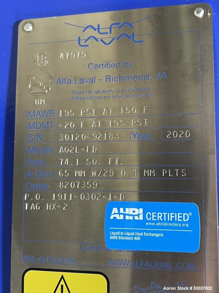 Used- Alfa Laval Plate Heat Exchanger, Model AQ2L-FD, 74.1 Square Feet, Vertical. (29) Stainless steel 0.4mm thick plates. R...