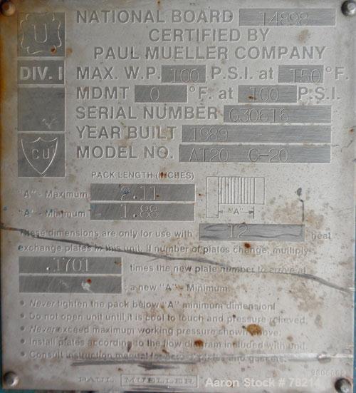 Used Mueller Accu-Therm Plate Heat Exchanger, Approximately 28 Square Feet, Model AT20 C-20, 316 Stainless Steel. (12) plates approximately 14" wide x 37" tall. Rated 100 PSI at 150 Degrees F. 3" inl...