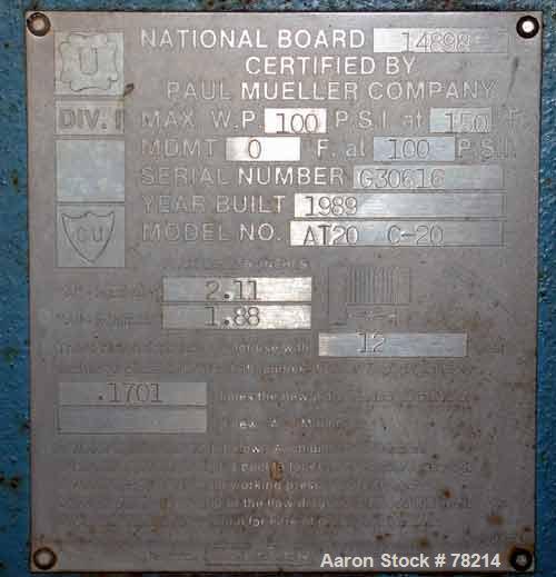 Used Mueller Accu-Therm Plate Heat Exchanger, Approximately 28 Square Feet, Model AT20 C-20, 316 Stainless Steel. (12) plates approximately 14" wide x 37" tall. Rated 100 PSI at 150 Degrees F. 3" inl...