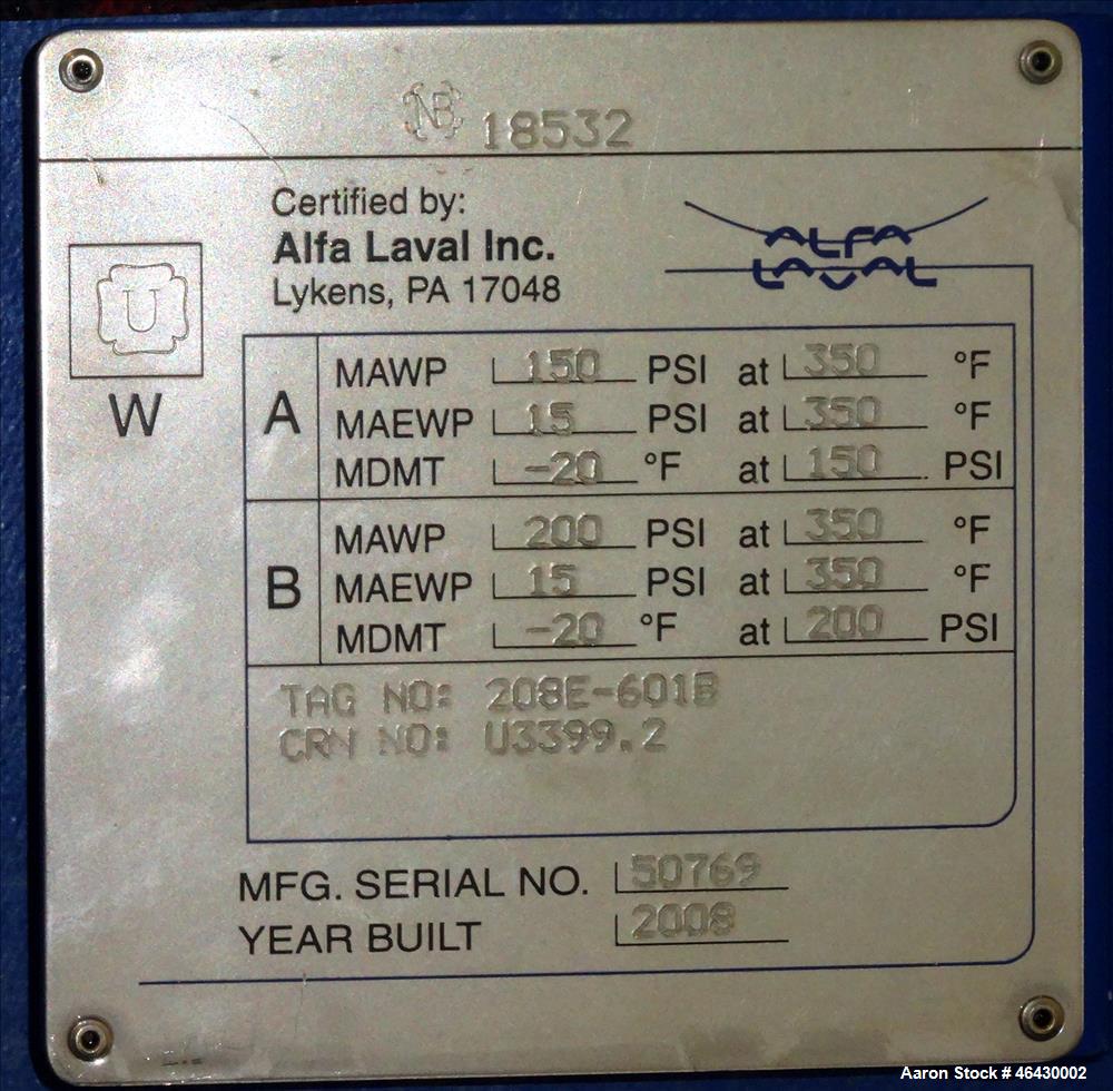 Unused- Alfa-Laval Compabloc Welded Plate Heat Exchanger, 2063.4 Square Feet Surface Area, Model CPL75-V-300, Vertical. (300) 316L Stainless steel plates. Hot side rated 150 psi/Full Vacuum at -20 to...