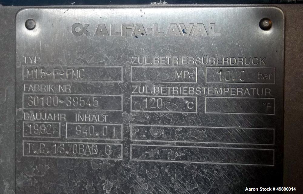 Used Alfa Laval plate heat exchanger, type M15-F-FMC, stainless steel, Max. working pressure 195 PSI/13 bar at a max. 248 deg F/120 deg C. Serial # 30100-545, New 1992. Incl. 1 x Dessel stainless ste...