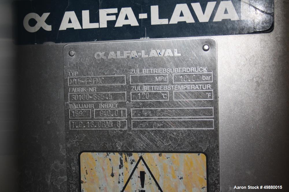 Used Alfa Laval plate heat exchanger, type M15-F-FMC, stainless steel, Max. working pressure 195 PSI/13 bar at a max. 248 deg F/120 deg C. Serial # 30100-545, New 1992. Incl. 1 x Dessel stainless ste...