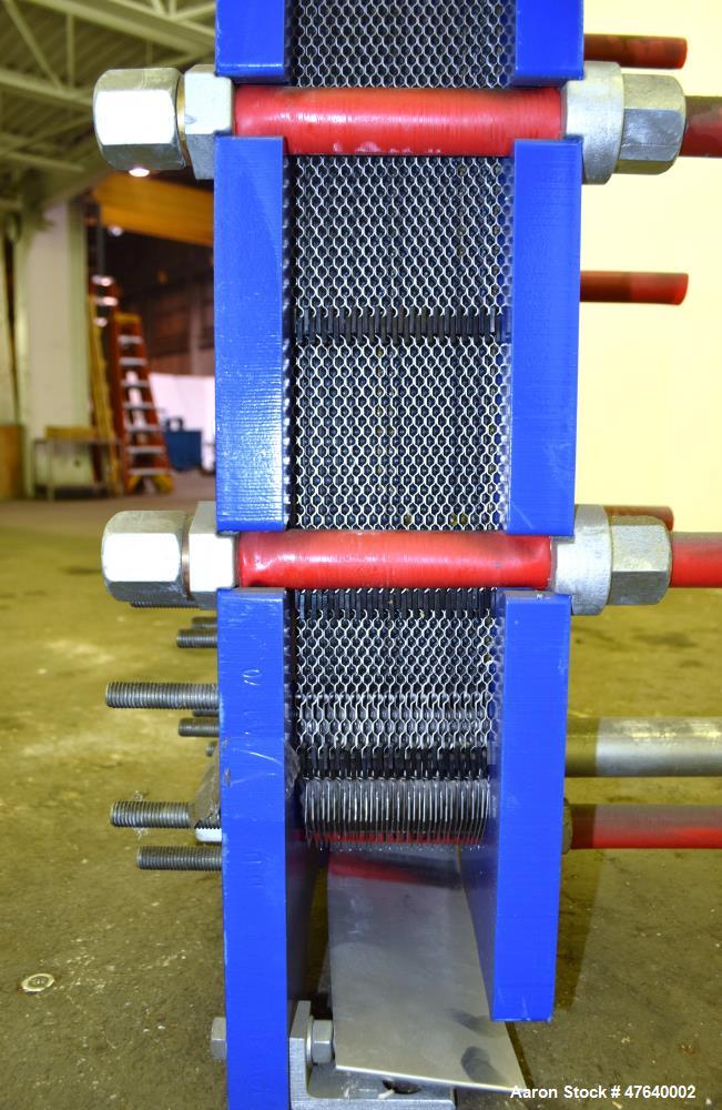 Unused- Alfa Laval Plate Exchanger, 87.83 Square Feet, Model M10-BDFG. (36) 120 mm thick 316 stainless steel plates. Designed 150 psi at -20 to 212 degrees F. (4) 3" Inlets & outlets. Mounted on a ca...
