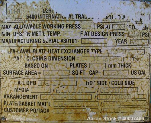 Used Alfa Laval Plate Heat Exchanger, Model M10-BFG, 255 square feet, 304 stainless steel. (99) plates. Rated 150 psi at 230 deg.f.. Built 1993.