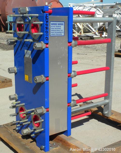 Unused- Alfa Laval Thermal Plate Exchanger, 149.80 Square Feet, Model M10-BFG. (60) 0.5 mm thick 316 stainless steel plates. Designed 150 psi at –20 to 86 deg F. (4) 4" Blind inlets/outlets. Mounted ...