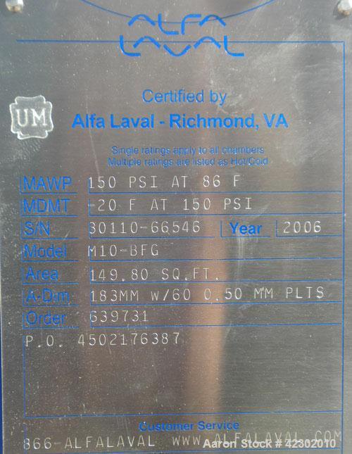 Unused- Alfa Laval Thermal Plate Exchanger, 149.80 Square Feet, Model M10-BFG. (60) 0.5 mm thick 316 stainless steel plates. Designed 150 psi at –20 to 86 deg F. (4) 4" Blind inlets/outlets. Mounted ...