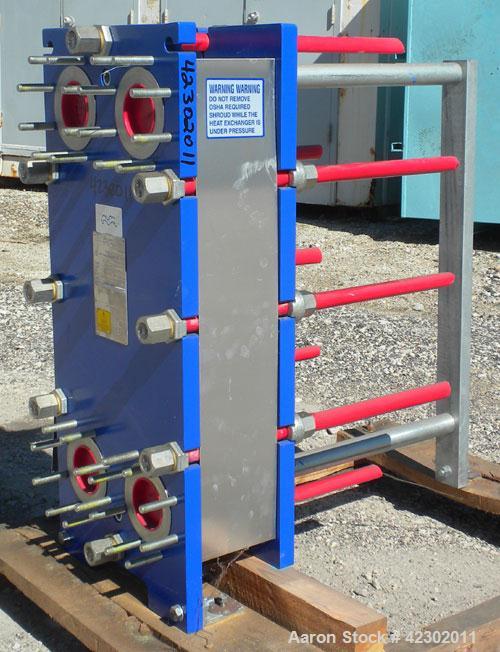 Unused- Alfa Laval Thermal Plate Exchanger, 149.80 Square Feet, Model M10-BFG. (60) 0.5 mm thick 316 stainless steel plates. Designed 150 psi at –20 to 86 deg F. (4) 4" Blind inlets/outlets. Mounted ...