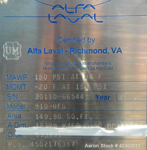 Unused- Alfa Laval Thermal Plate Exchanger, 149.80 Square Feet, Model M10-BFG. (60) 0.5 mm thick 316 stainless steel plates. Designed 150 psi at –20 to 86 deg F. (4) 4" Blind inlets/outlets. Mounted ...
