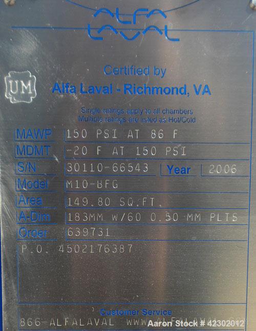 Unused- Alfa Laval Thermal Plate Exchanger, 149.80 Square Feet, Model M10-BFG. (60) 0.5 mm thick 316 stainless steel plates. Designed 150 psi at –20 to 86 deg F. (4) 4'' Blind inlets/outlets. Mounted...