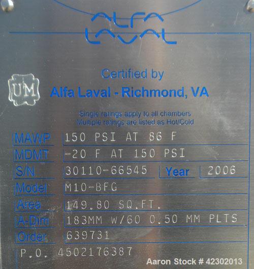 Unused- Alfa Laval Thermal Plate Exchanger, 149.80 Square Feet, Model M10-BFG. (60) 0.5 mm thick 316 stainless steel plates. Designed 150 psi at –20 to 86 deg F. (4) 4" Blind inlets/outlets. Mounted ...