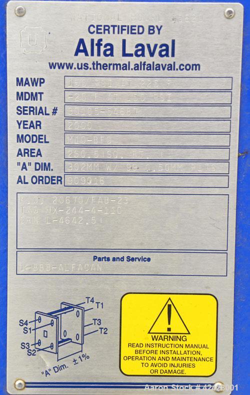 Used Alfa Laval Thermal Plate Exchanger, 250.5 Square Feet, Model M10-BFG. (99) Approximately 14-1/2’’ wide x 34-1/2’’ tall x 0.50 mm thick commercially pure titanium plates. Designed 150 psi at –20 ...