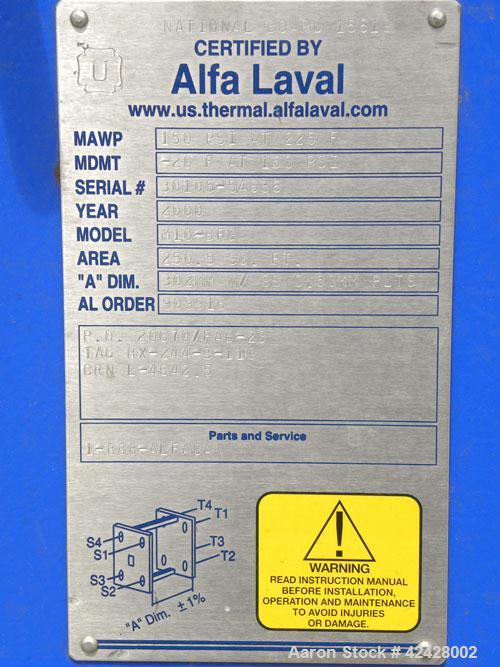 Used Alfa Laval Thermal Plate Exchanger, 250.5 Square Feet, Model M10-BFG. (99) Approximately 14-1/2’’ wide x 34-1/2’’ tall x 0.50 mm thick commercially pure titanium plates. Designed 150 psi at –20 ...
