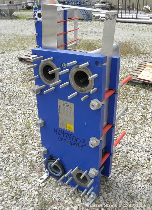 Used Alfa Laval Thermal Plate Exchanger, 116.2 Square Feet, Model M10-BFG. (47) Approximately 14-1/2 wide x 34-1/2 tall x 0.50 mm thick commercially pure titanium plates. Designed 150 psi at 20 to 22...