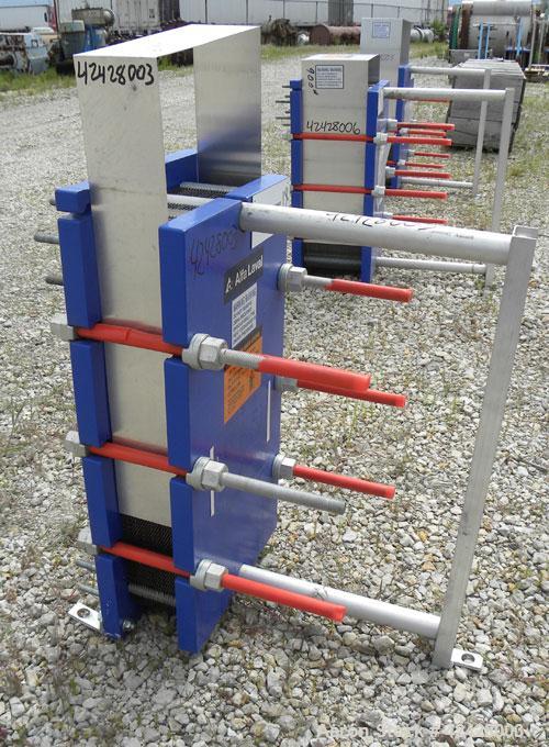 Used Alfa Laval Thermal Plate Exchanger, 116.2 Square Feet, Model M10-BFG. (47) Approximately 14-1/2 wide x 34-1/2 tall x 0.50 mm thick commercially pure titanium plates. Designed 150 psi at 20 to 22...