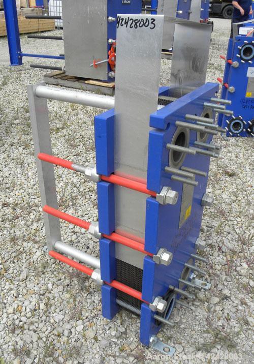 Used Alfa Laval Thermal Plate Exchanger, 116.2 Square Feet, Model M10-BFG. (47) Approximately 14-1/2 wide x 34-1/2 tall x 0.50 mm thick commercially pure titanium plates. Designed 150 psi at 20 to 22...