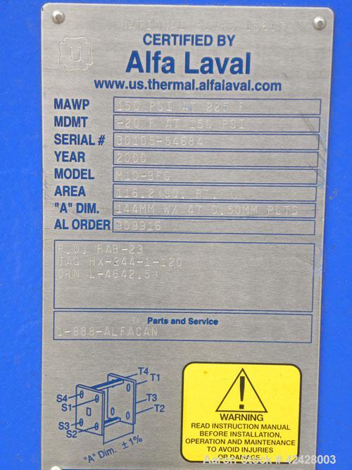 Used Alfa Laval Thermal Plate Exchanger, 116.2 Square Feet, Model M10-BFG. (47) Approximately 14-1/2 wide x 34-1/2 tall x 0.50 mm thick commercially pure titanium plates. Designed 150 psi at 20 to 22...