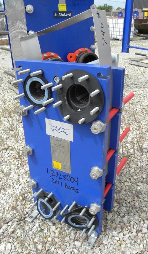 Used Alfa Laval Thermal Plate Exchanger, 116.3 Square Feet, Model M10-BFG. (47) Approximately 14-1/2 wide x 34-1/2 tall x 0.50 mm thick commercially pure titanium plates. Designed 150 psi at 20 to 22...