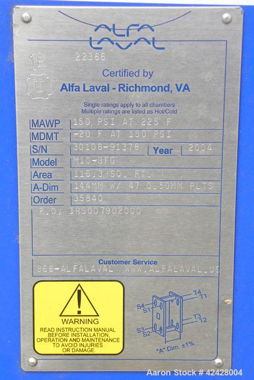 Used Alfa Laval Thermal Plate Exchanger, 116.3 Square Feet, Model M10-BFG. (47) Approximately 14-1/2 wide x 34-1/2 tall x 0.50 mm thick commercially pure titanium plates. Designed 150 psi at 20 to 22...