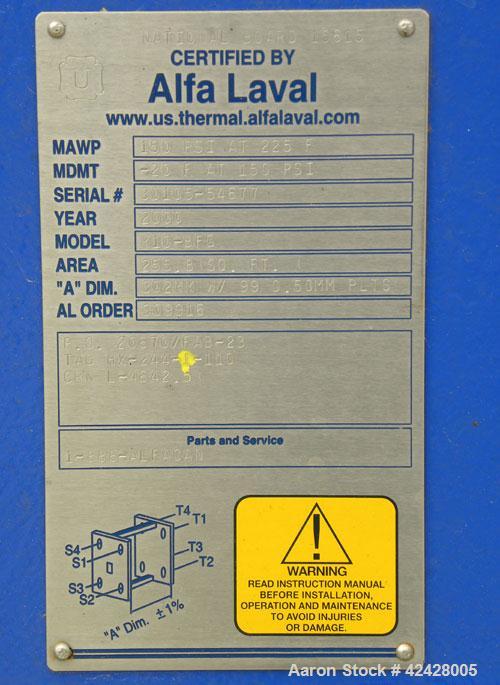 Used Alfa Laval Thermal Plate Exchanger, 255.8 Square Feet, Model M10-BFG. (99) Approximately 14-1/2’’ wide x 34-1/2’’ tall x 0.50 mm thick commercially pure titanium plates. Designed 150 psi at –20 ...