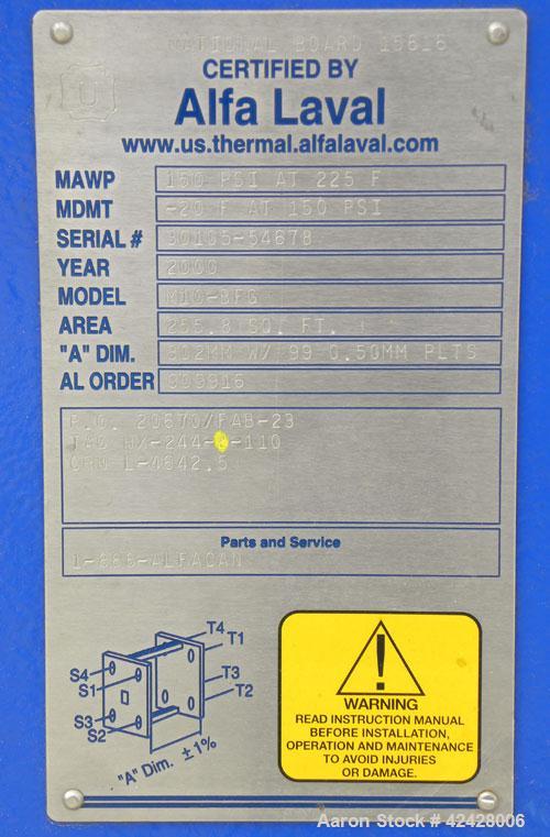 Used Alfa Laval Thermal Plate Exchanger, 255.8 Square Feet, Model M10-BFG. (99) Approximately 14-1/2’’ wide x 34-1/2’’ tall x 0.50 mm thick commercially pure titanium plates. Designed 150 psi at –20 ...