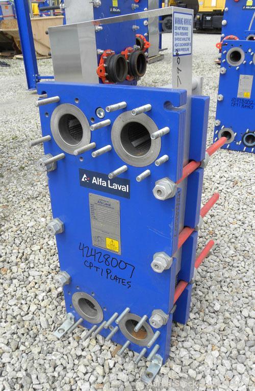Used Alfa Laval Thermal Plate Exchanger, 116.2 Square Feet, Model M10-BFG. (47) Approximately 14-1/2 wide x 34-1/2 tall x 0.50 mm thick commercially pure titanium plates. Designed 150 psi at 20 to 22...