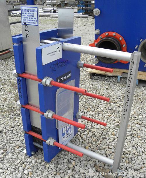 Used Alfa Laval Thermal Plate Exchanger, 116.2 Square Feet, Model M10-BFG. (47) Approximately 14-1/2 wide x 34-1/2 tall x 0.50 mm thick commercially pure titanium plates. Designed 150 psi at 20 to 22...