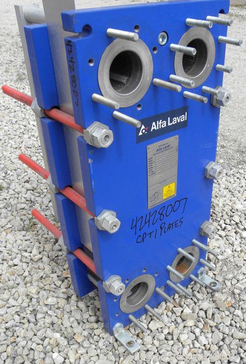 Used Alfa Laval Thermal Plate Exchanger, 116.2 Square Feet, Model M10-BFG. (47) Approximately 14-1/2 wide x 34-1/2 tall x 0.50 mm thick commercially pure titanium plates. Designed 150 psi at 20 to 22...