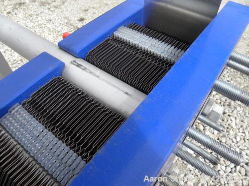 Used Alfa Laval Thermal Plate Exchanger, 116.2 Square Feet, Model M10-BFG. (47) Approximately 14-1/2 wide x 34-1/2 tall x 0.50 mm thick commercially pure titanium plates. Designed 150 psi at 20 to 22...