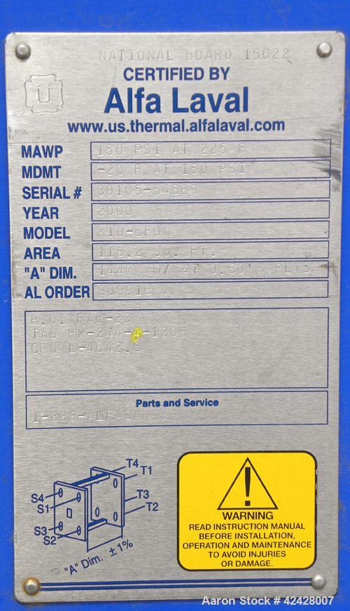 Used Alfa Laval Thermal Plate Exchanger, 116.2 Square Feet, Model M10-BFG. (47) Approximately 14-1/2 wide x 34-1/2 tall x 0.50 mm thick commercially pure titanium plates. Designed 150 psi at 20 to 22...