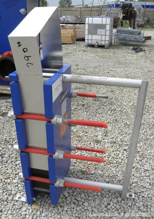 Used Alfa Laval Thermal Plate Exchanger, 116.2 Square Feet, Model M10-BFG. (47) Approximately 14-1/2 wide x 34-1/2 tall x 0.50 mm thick commercially pure titanium plates. Designed 150 psi at 20 to 22...