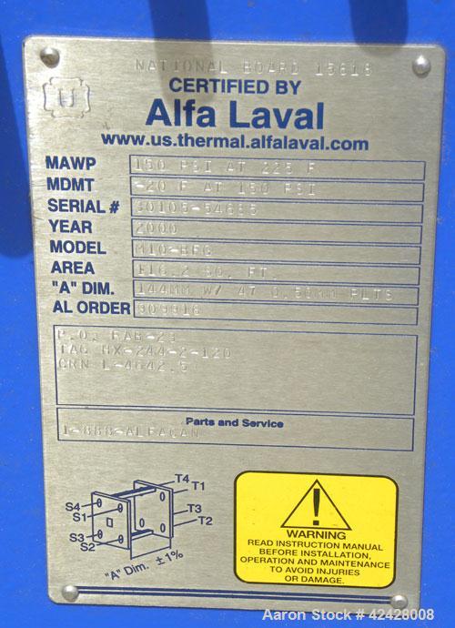 Used Alfa Laval Thermal Plate Exchanger, 116.2 Square Feet, Model M10-BFG. (47) Approximately 14-1/2 wide x 34-1/2 tall x 0.50 mm thick commercially pure titanium plates. Designed 150 psi at 20 to 22...