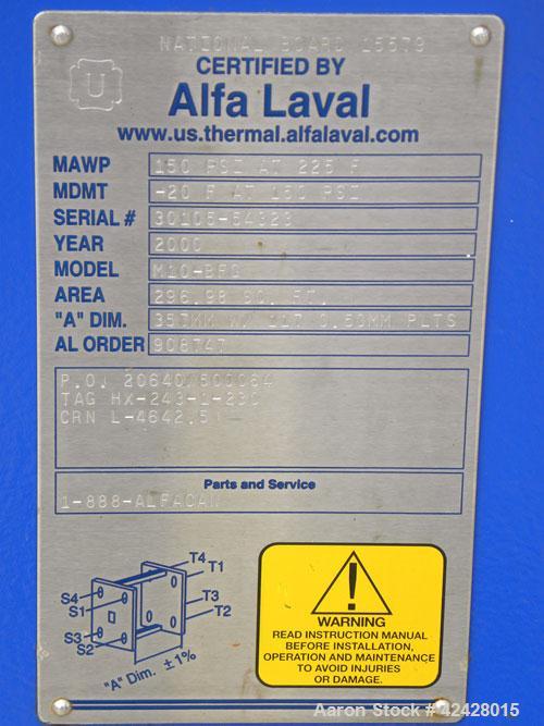 Used Alfa Laval Thermal Plate Exchanger, 296.98 square feet, model M10-BFG. (117) Approximately 14-1/2’’ wide x 34-1/2’’ tall x 0.50 mm thick 316 stainless steel plates. Designed 150 psi at –20 to 22...