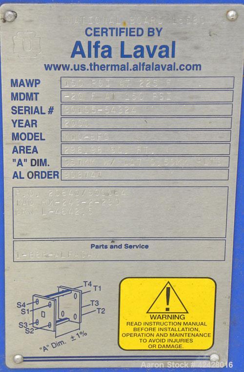 Used Alfa Laval Thermal Plate Exchanger, 296.98 square feet, model M10-BFG. (117) Approximately 14-1/2’’ wide x 34-1/2’’ tall x 0.50 mm thick 316 stainless steel plates. Designed 150 psi at –20 to 22...