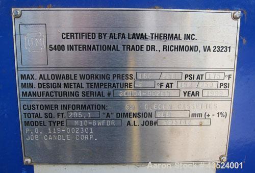 Used Alfa Laval Thermal Plate Exchanger, 295.1 square feet, model M10-BWFDR. (59) Cassettes (118 total plates), approximately 14-1/2” wide x 34” tall x 0.60 mm thick 316 stainless steel plates. Desig...